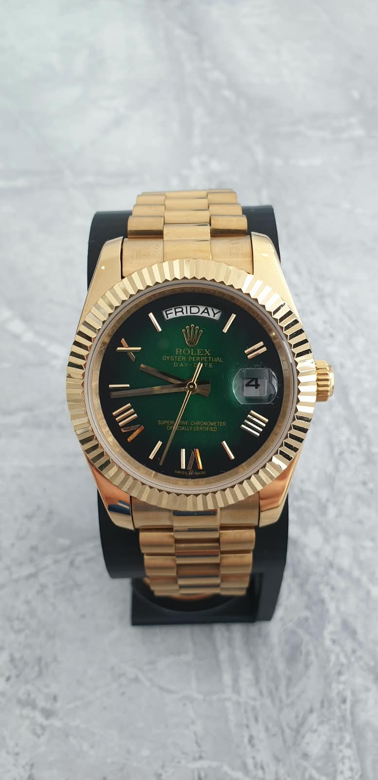 Rolex Day-Date, Automatic, Ombré Green Dial, Fluted Bezel, Steel Case (41mm)