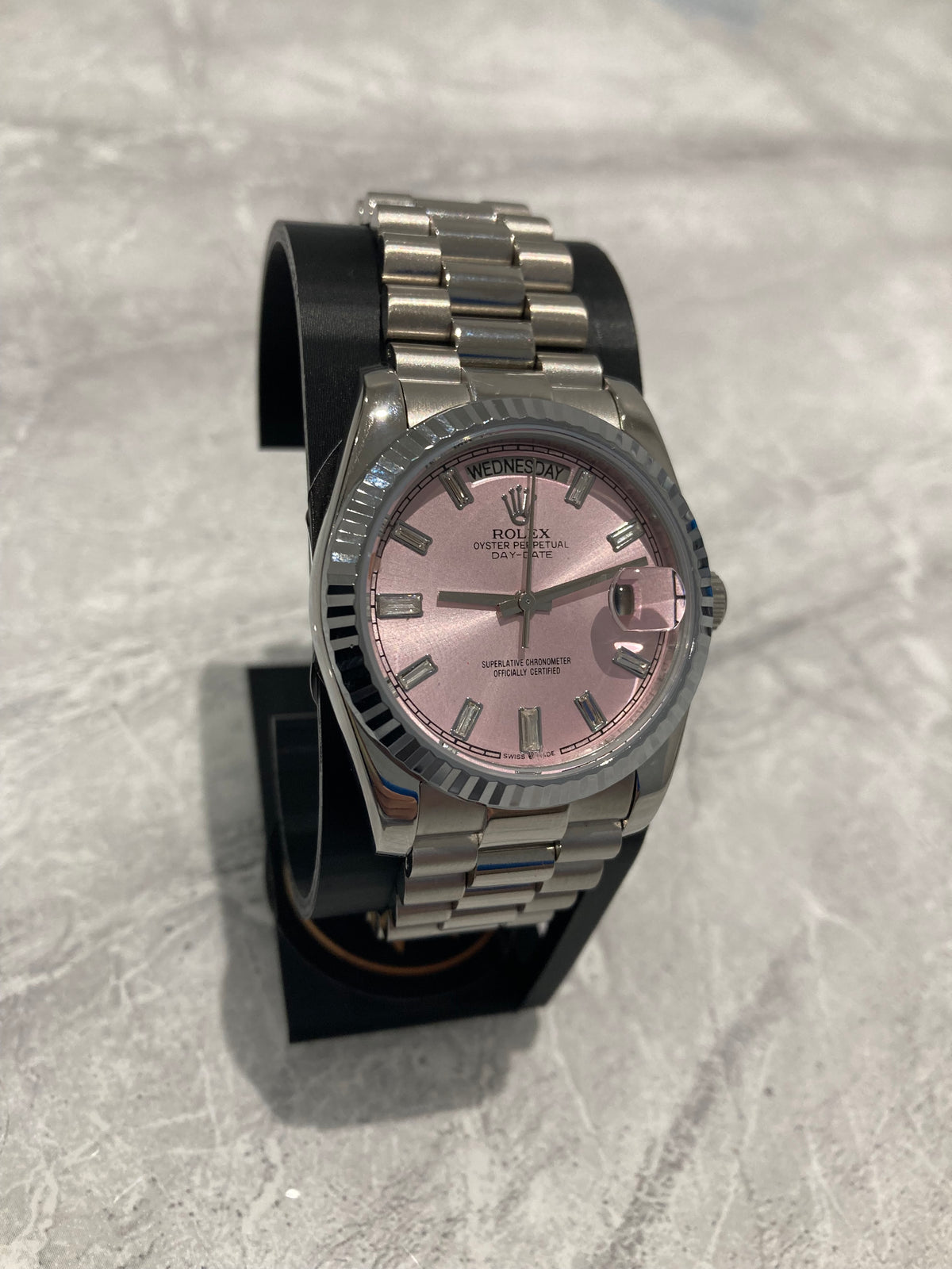 Rolex Day-Date, Automatic, Pink Dial, Fluted Bezel, Steel Case (36mm)