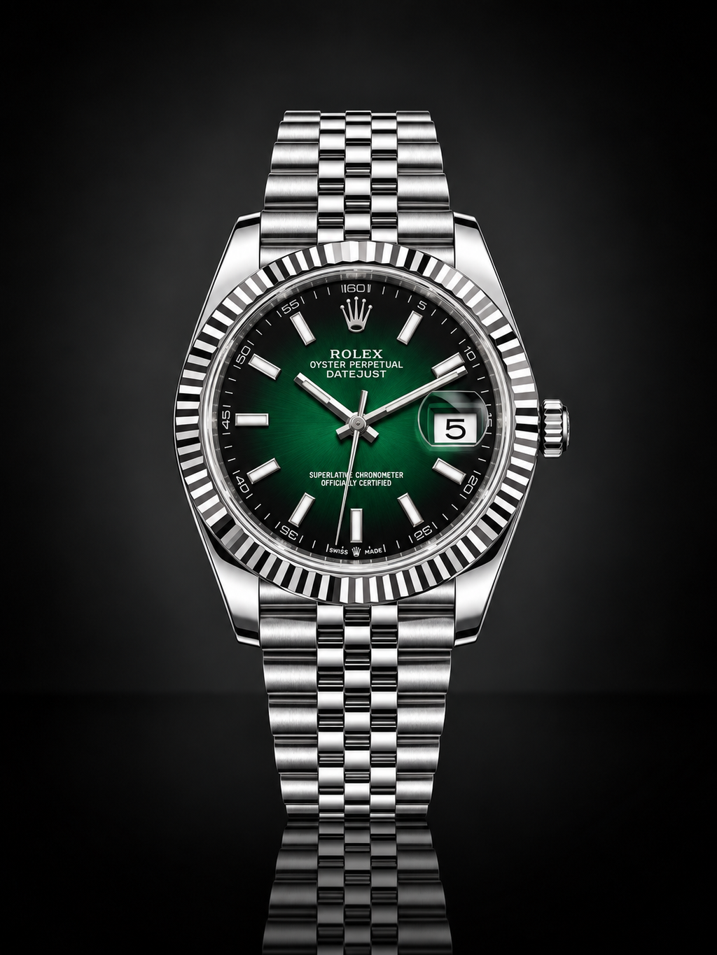 Rolex Datejust, Automatic, Ombré Green Dial, Fluted Bezel, Steel Case (41mm)