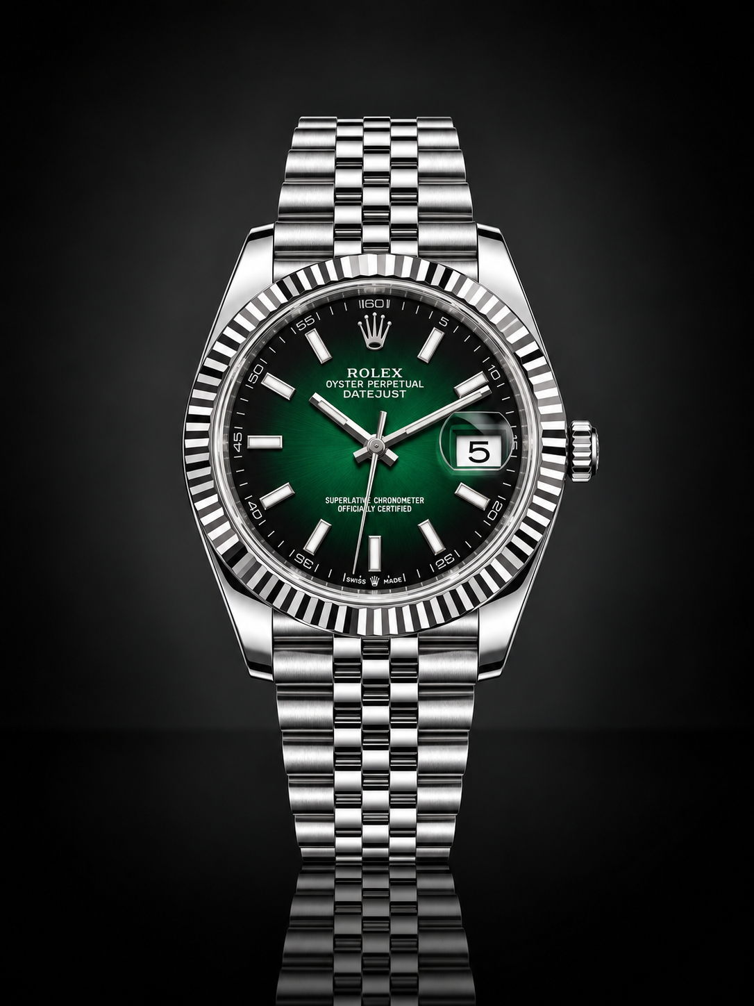 Rolex Datejust, Automatic, Ombré Green Dial, Fluted Bezel, Steel Case (41mm)