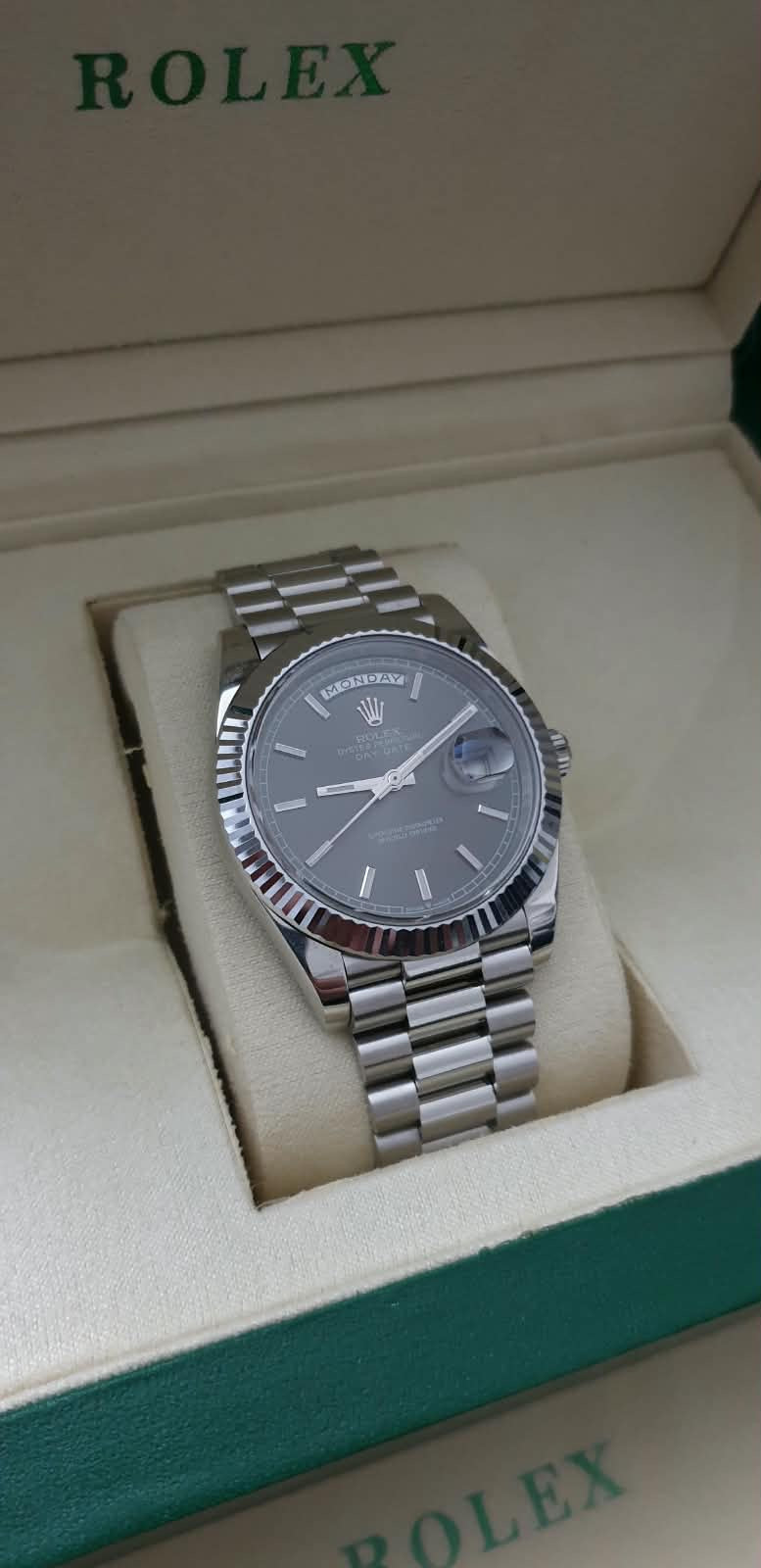 VSF Rolex Day-Date, Automatic, Grey Dial, Fluted Bezel, Steel Case (40mm)