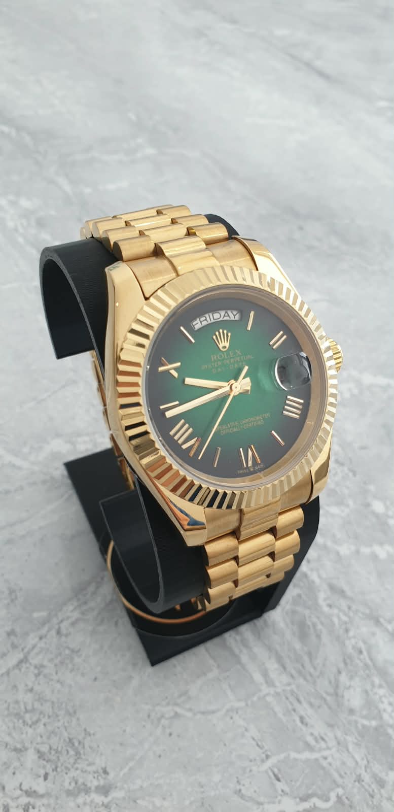 Rolex Day-Date, Automatic, Ombré Green Dial, Fluted Bezel, Steel Case (41mm)