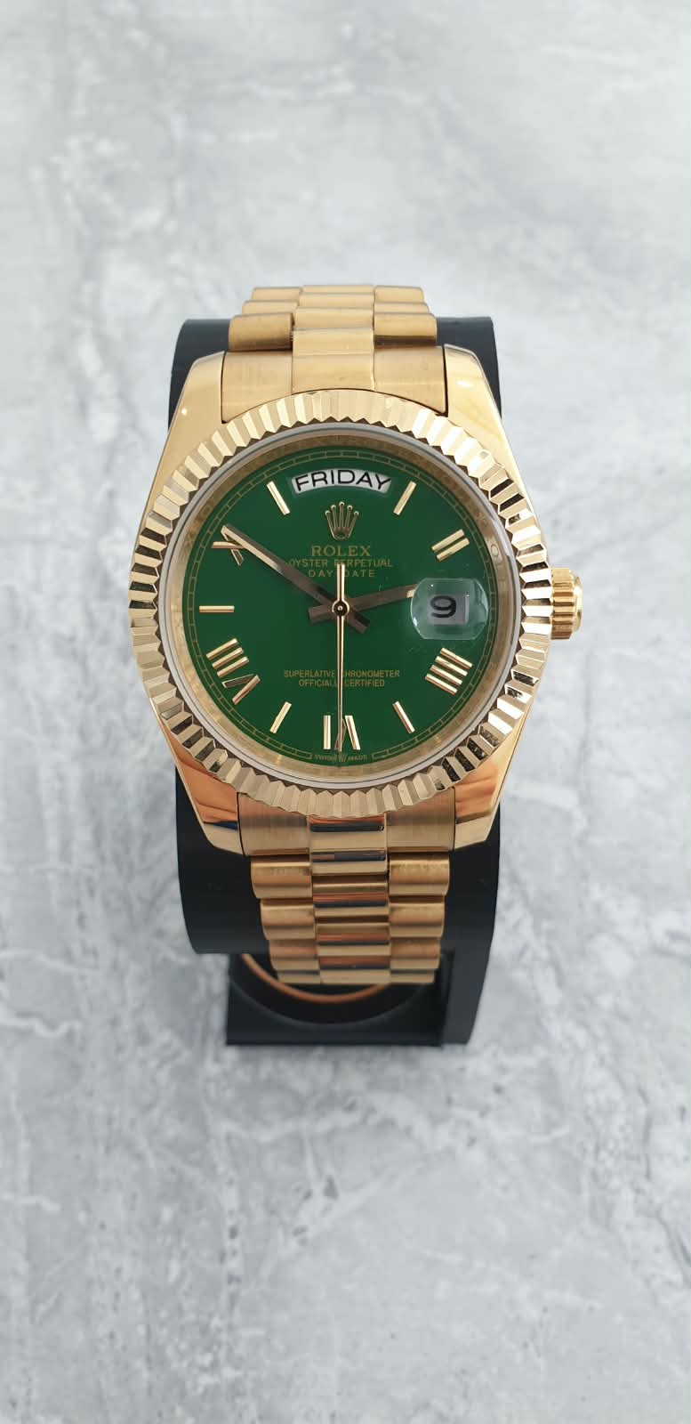 Rolex Day-Date, Automatic, Green Dial, Fluted Bezel, Steel Case (41mm)