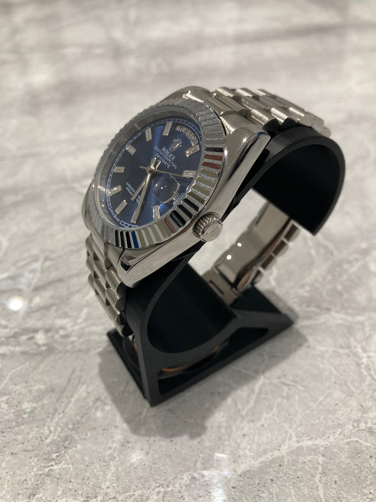 Rolex Day-Date, Automatic, Blue Dial, Fluted Bezel, Steel Case (40mm)