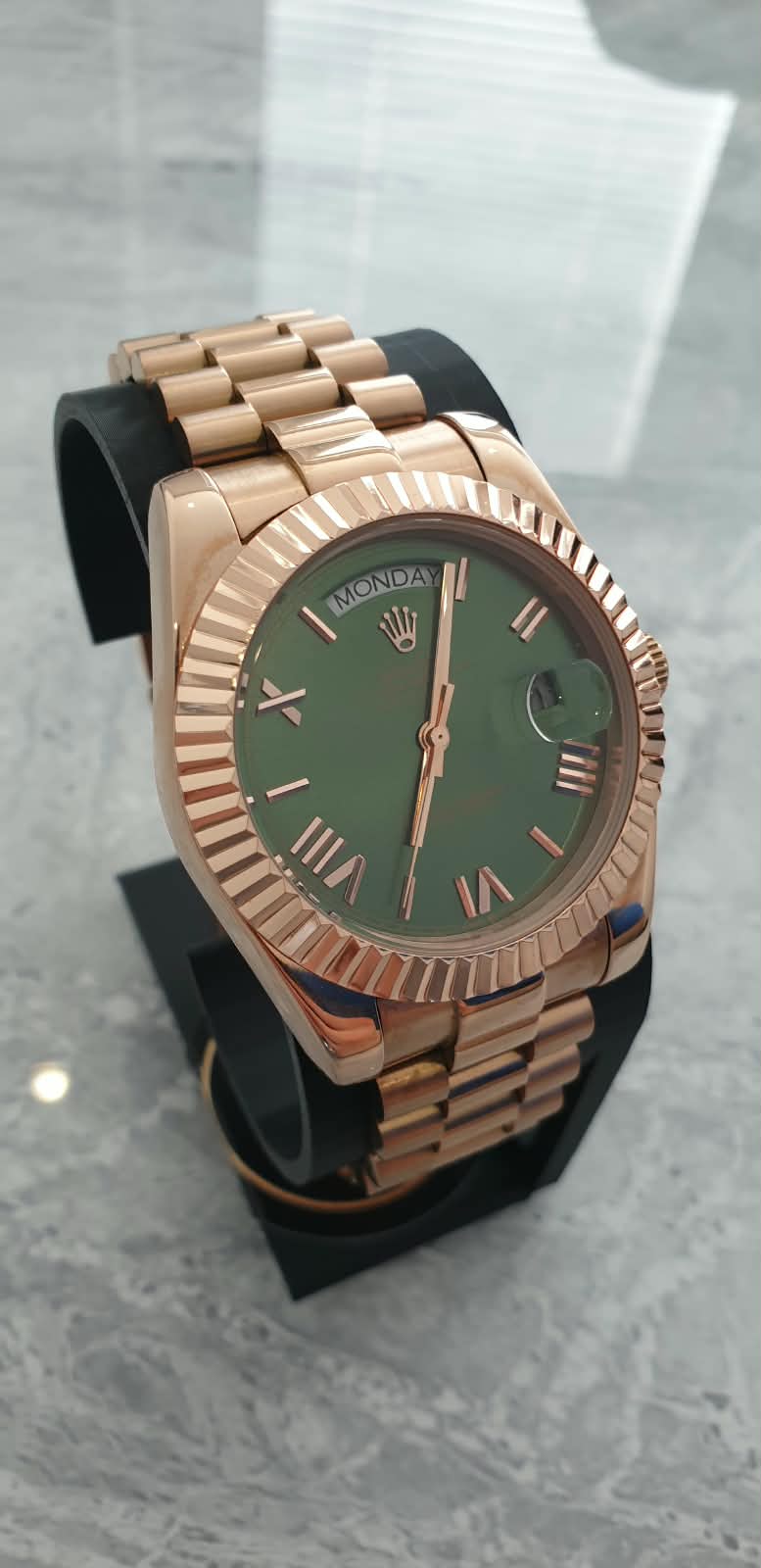 Rolex Day-Date, Automatic, Green Dial, Fluted Bezel, Steel Case (41mm)