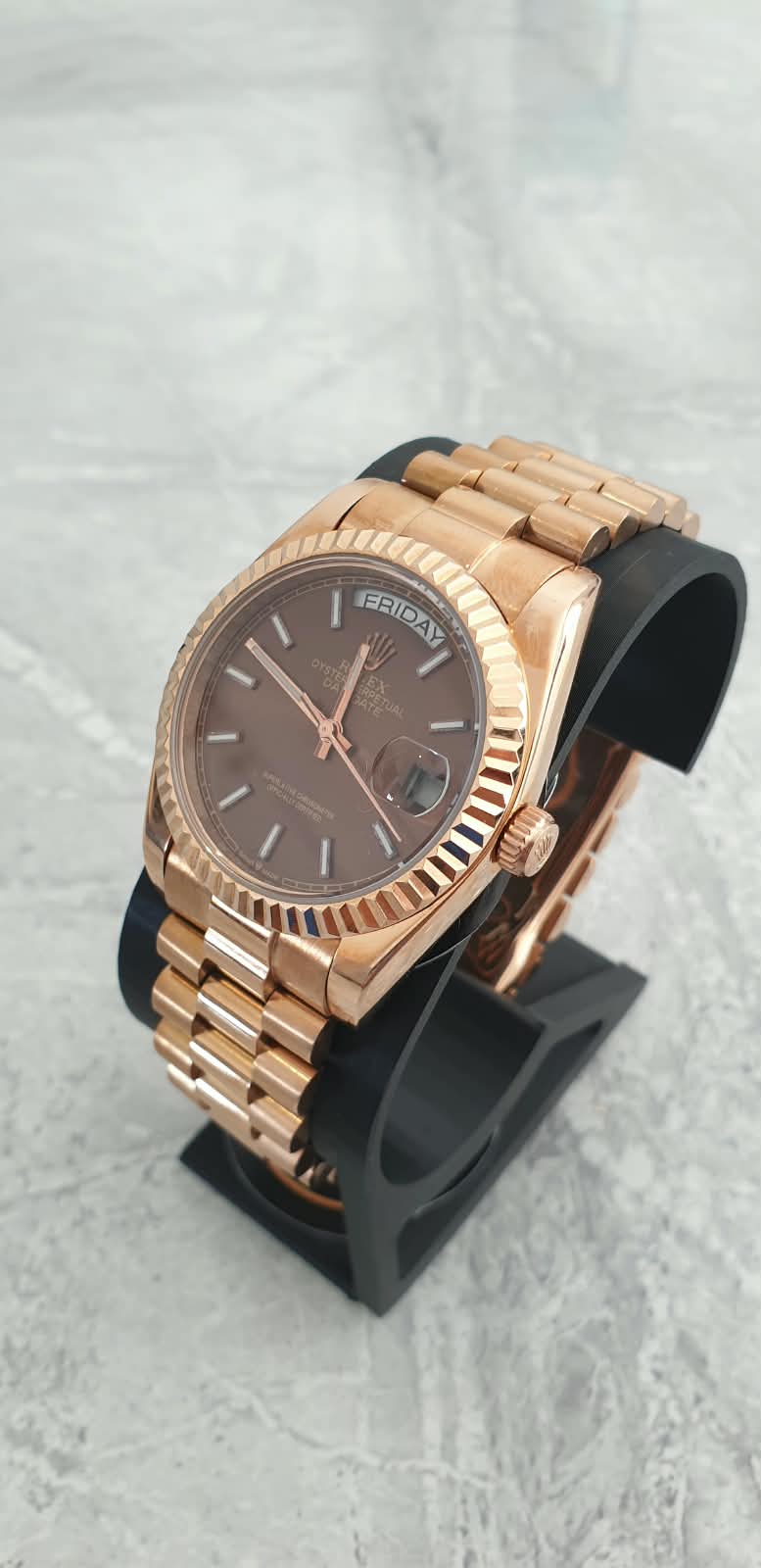 Rolex Day-Date, Automatic, Brown Dial, Fluted Bezel, Steel Case (36mm)