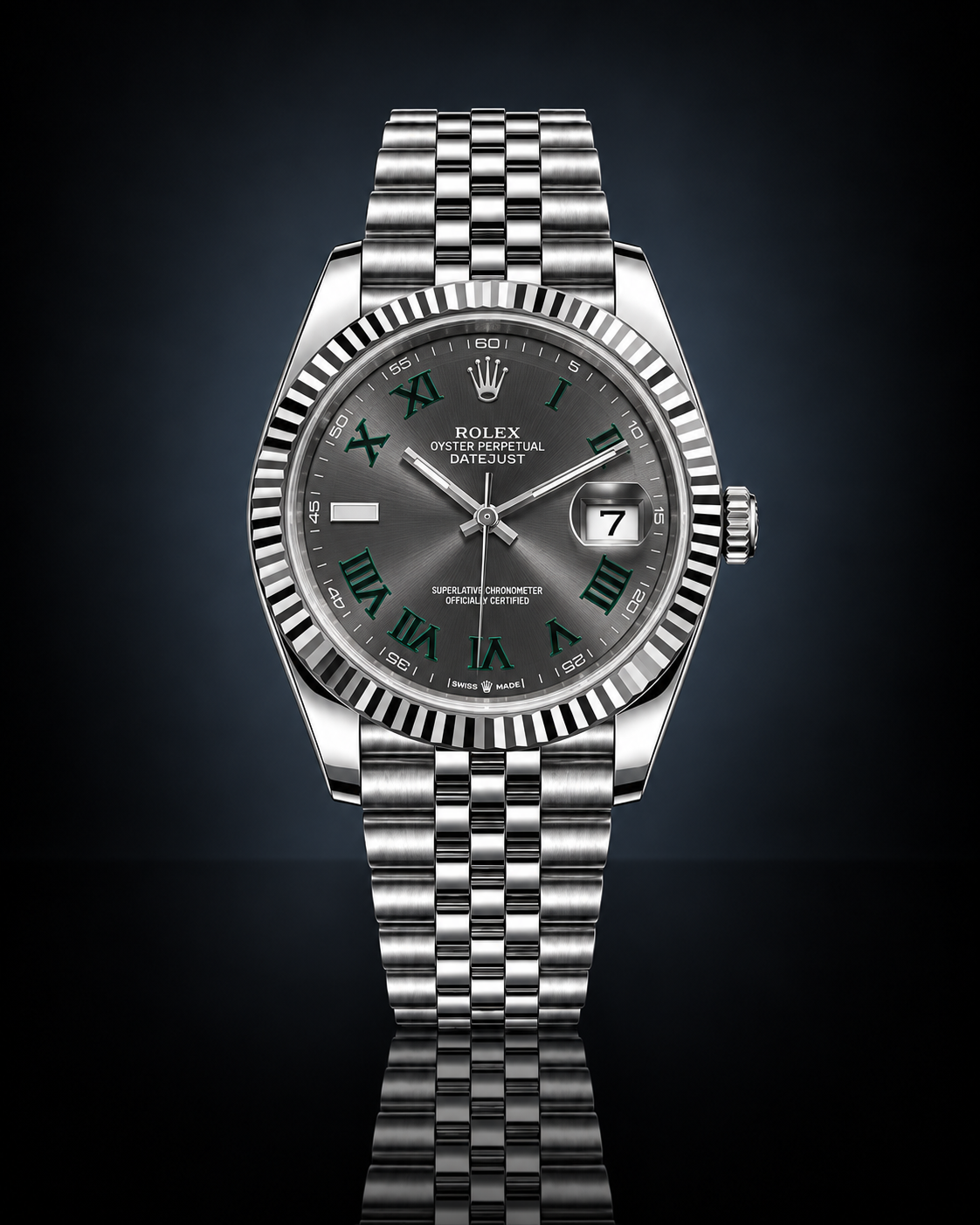 Rolex “Wimbledon” Datejust, Automatic, Grey Dial, Fluted Bezel, Steel Case (41mm)