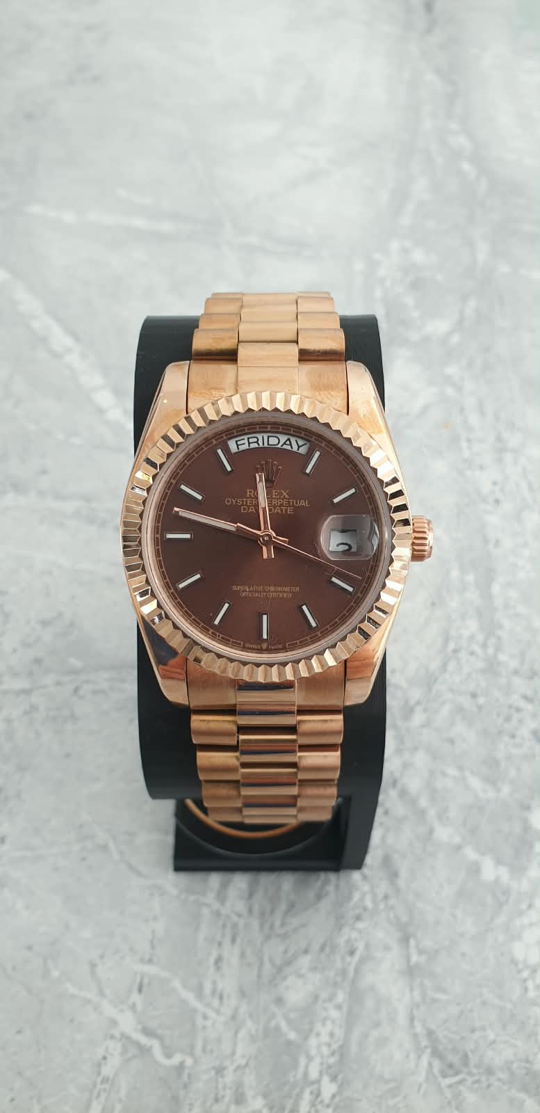 Rolex Day-Date, Automatic, Brown Dial, Fluted Bezel, Steel Case (36mm)