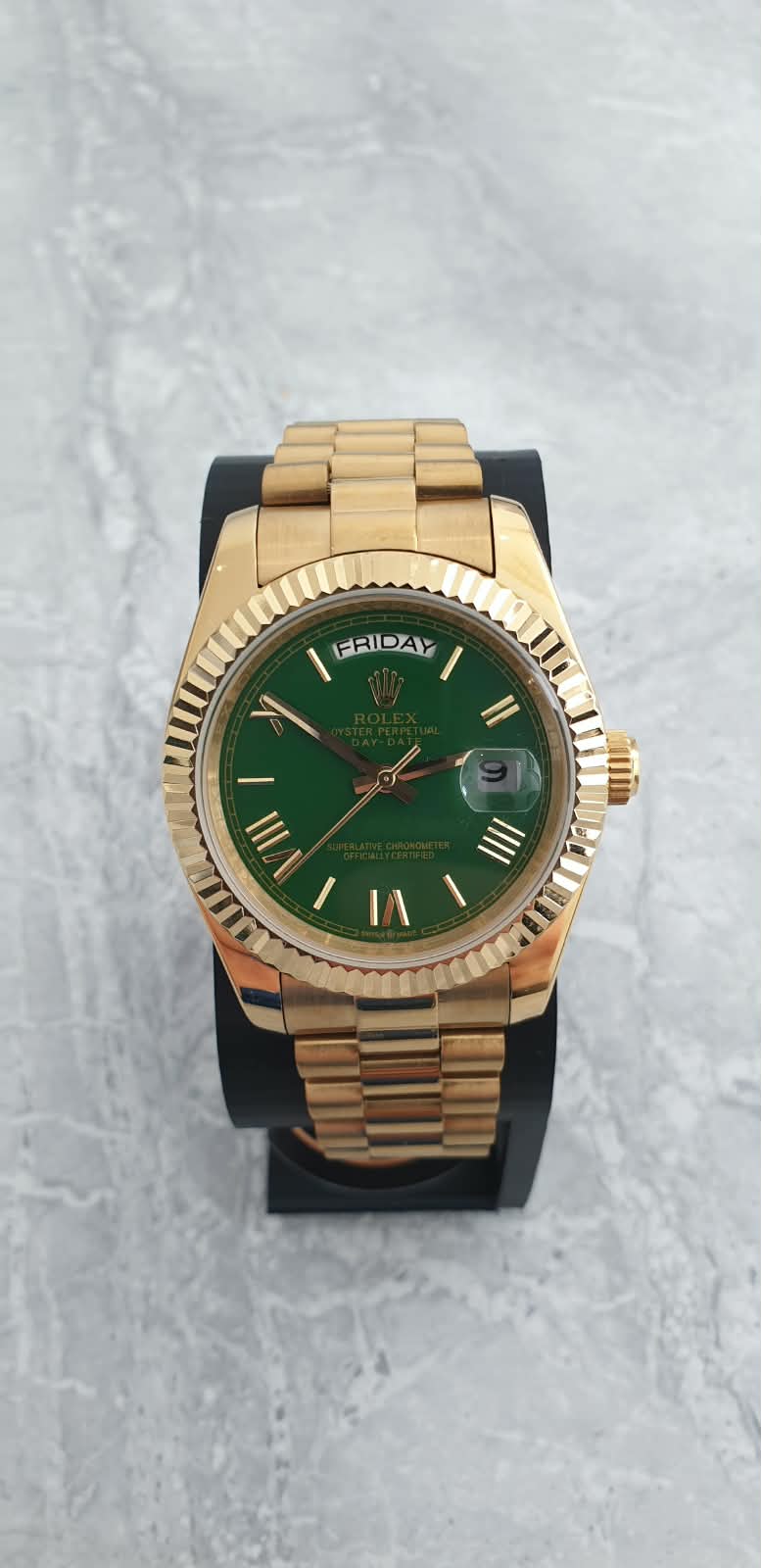 Rolex Day-Date, Automatic, Green Dial, Fluted Bezel, Steel Case (41mm)