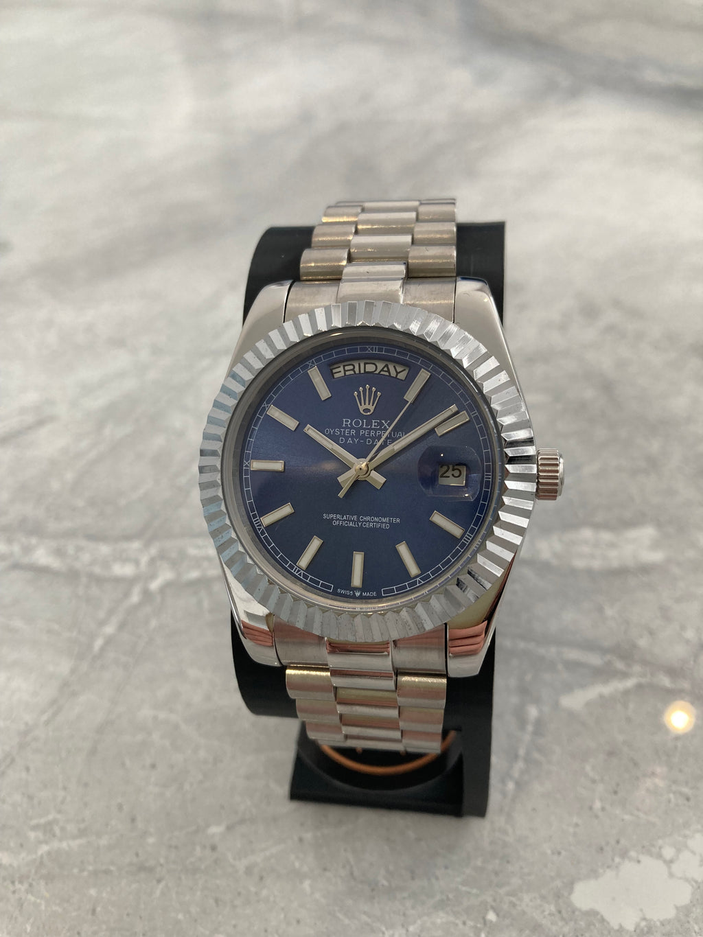Rolex Day-Date, Automatic, Blue Dial, Fluted Bezel, Steel Case (40mm)