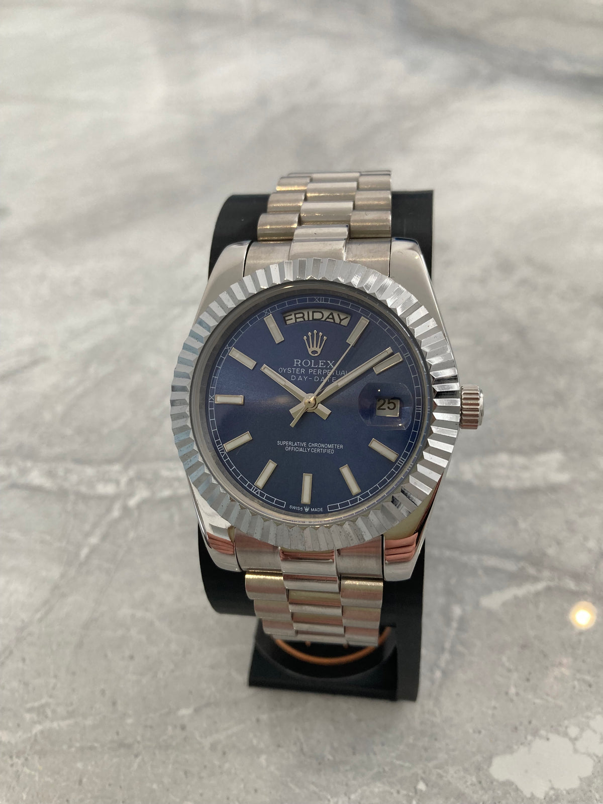 Rolex Day-Date, Automatic, Blue Dial, Fluted Bezel, Steel Case (40mm)