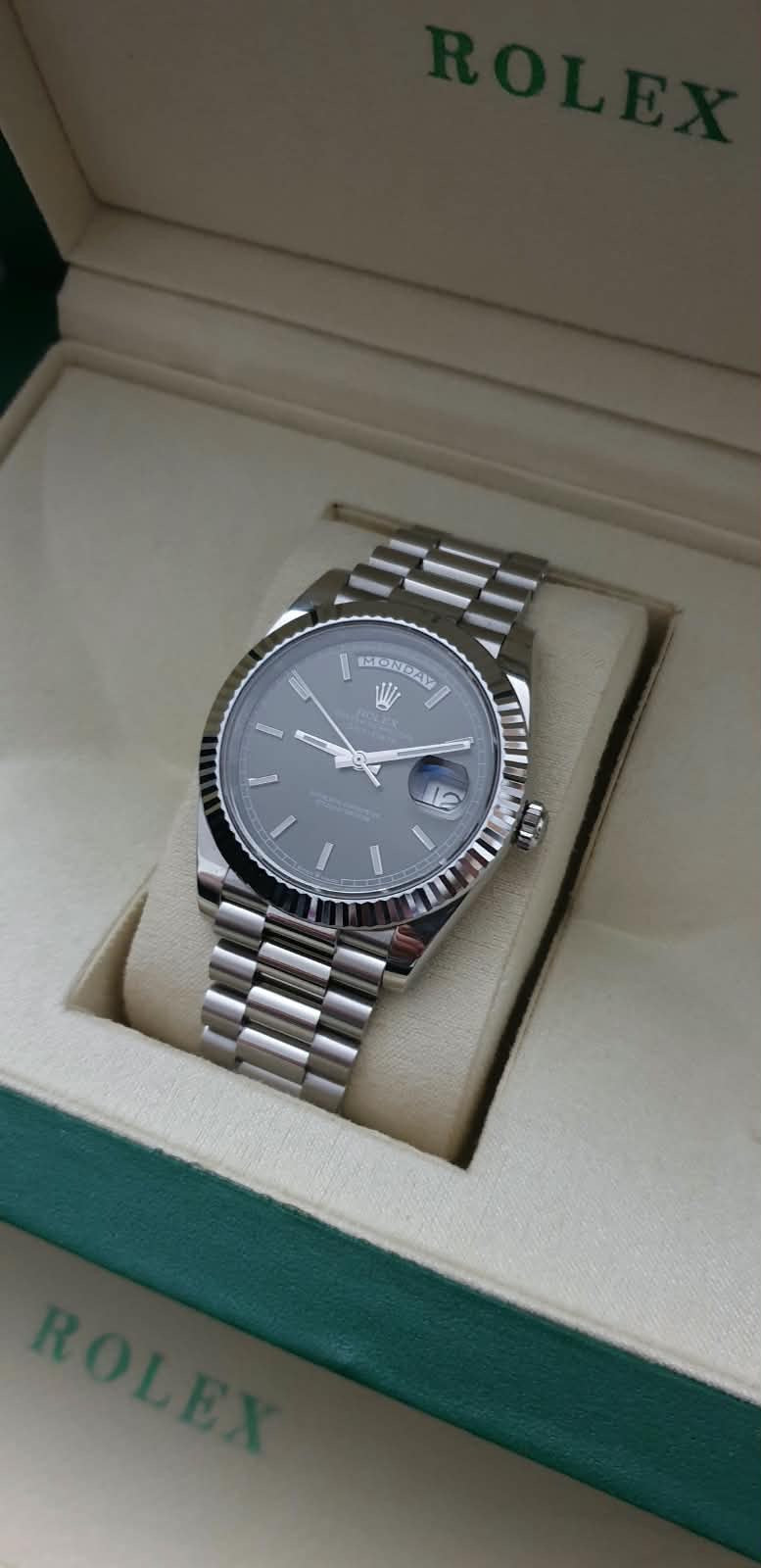VSF Rolex Day-Date, Automatic, Grey Dial, Fluted Bezel, Steel Case (40mm)