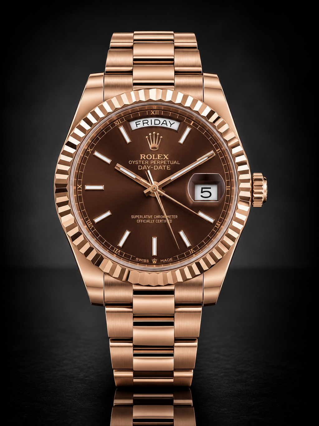 Rolex Day-Date, Automatic, Brown Dial, Fluted Bezel, Steel Case (36mm)