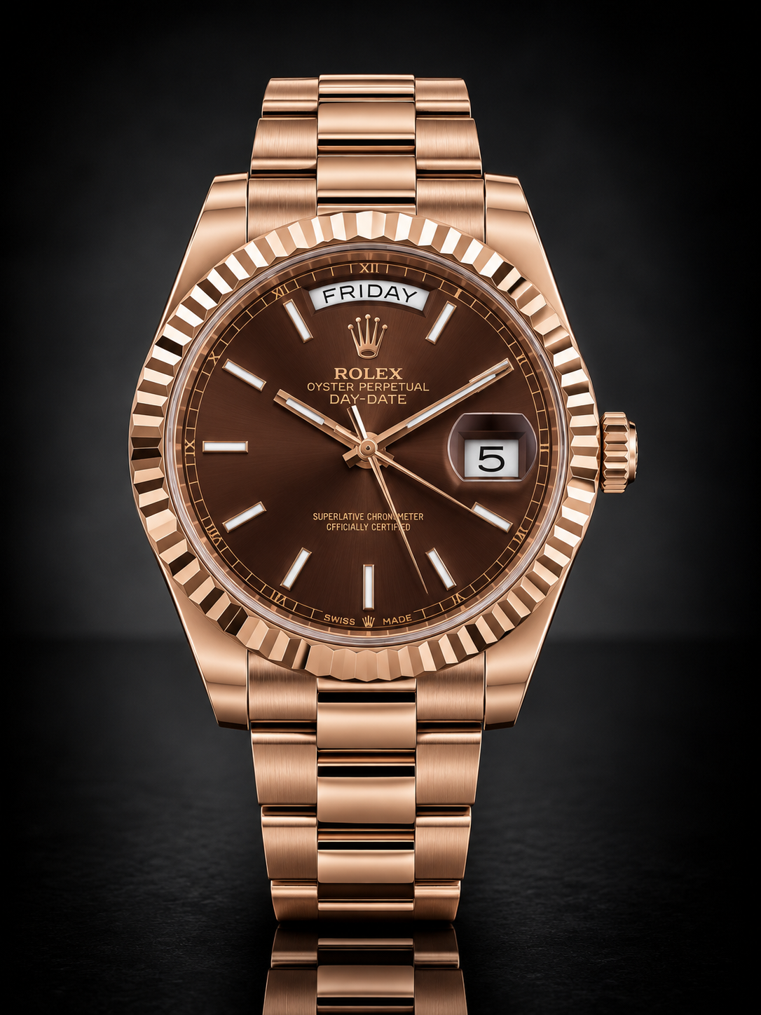 Rolex Day-Date, Automatic, Brown Dial, Fluted Bezel, Steel Case (36mm)