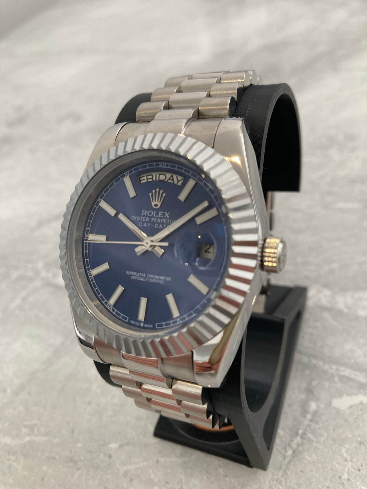 Rolex Day-Date, Automatic, Blue Dial, Fluted Bezel, Steel Case (40mm)
