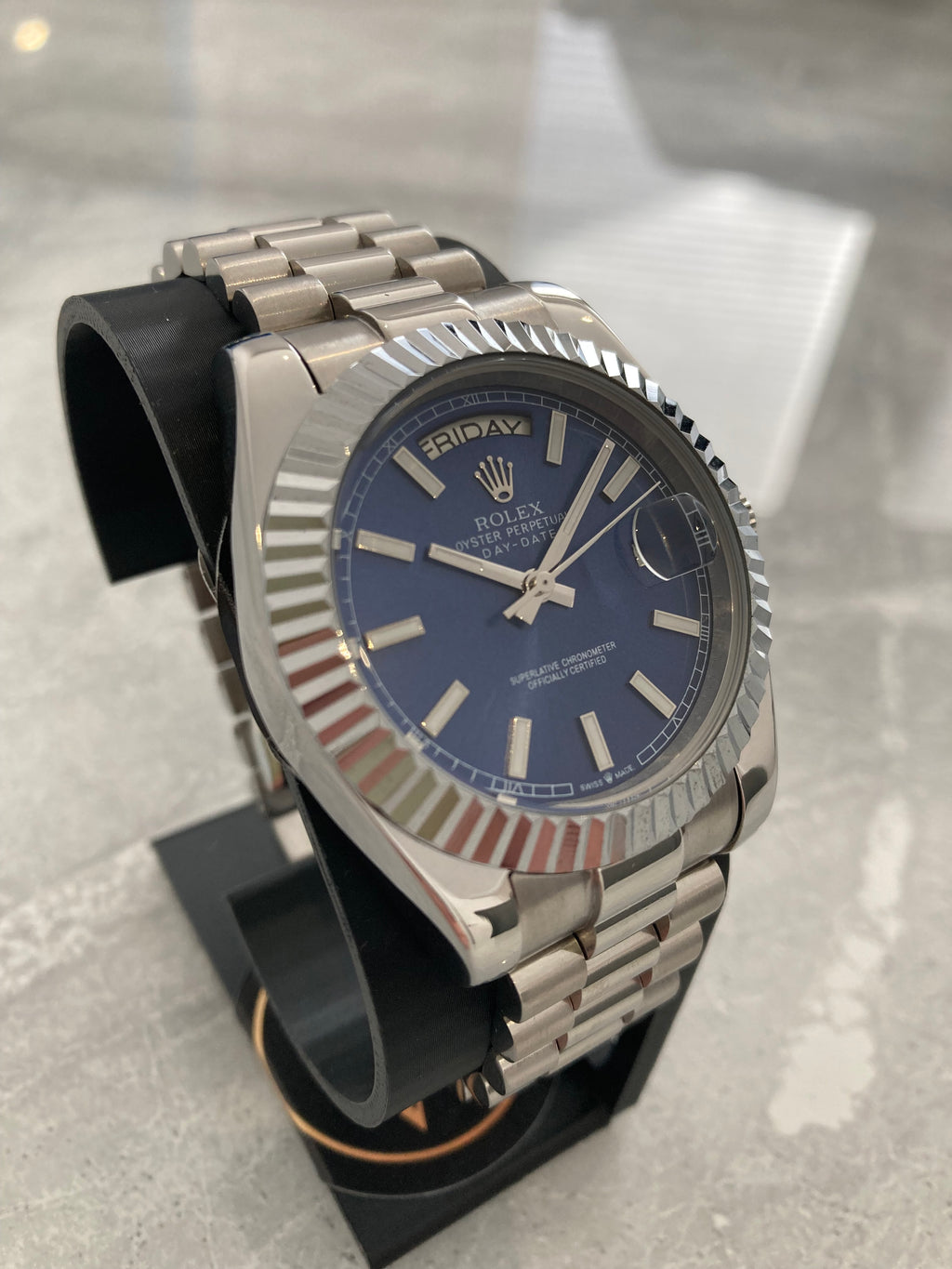 Rolex Day-Date, Automatic, Blue Dial, Fluted Bezel, Steel Case (40mm)