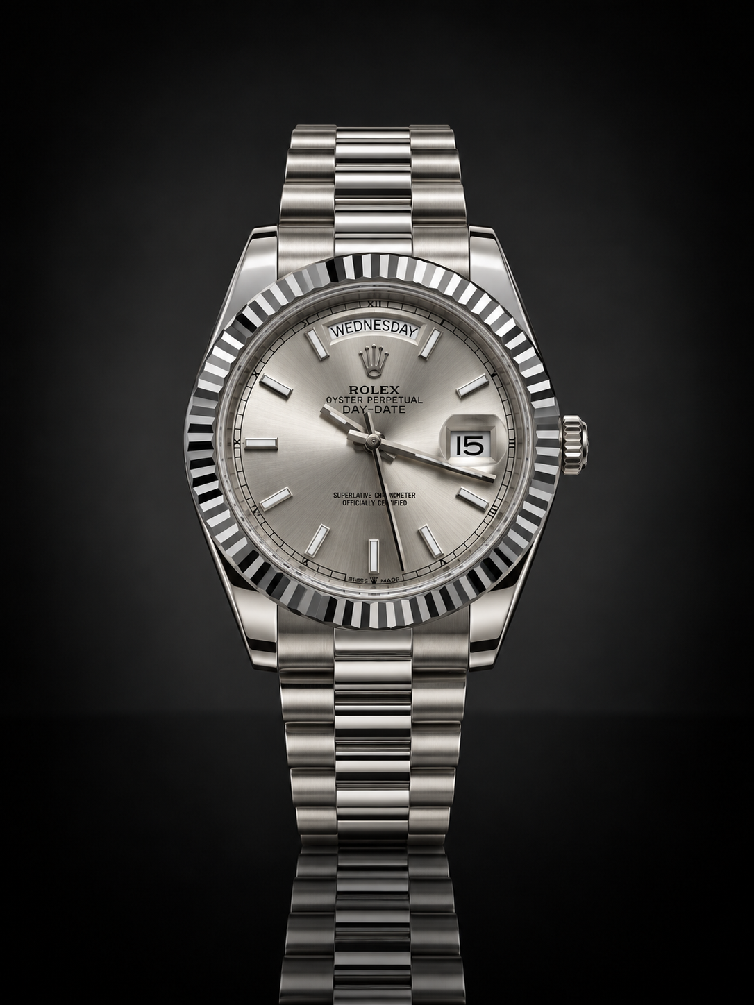 Rolex Day-Date, Automatic, Silver Dial, Fluted Bezel, Steel Case (40mm)