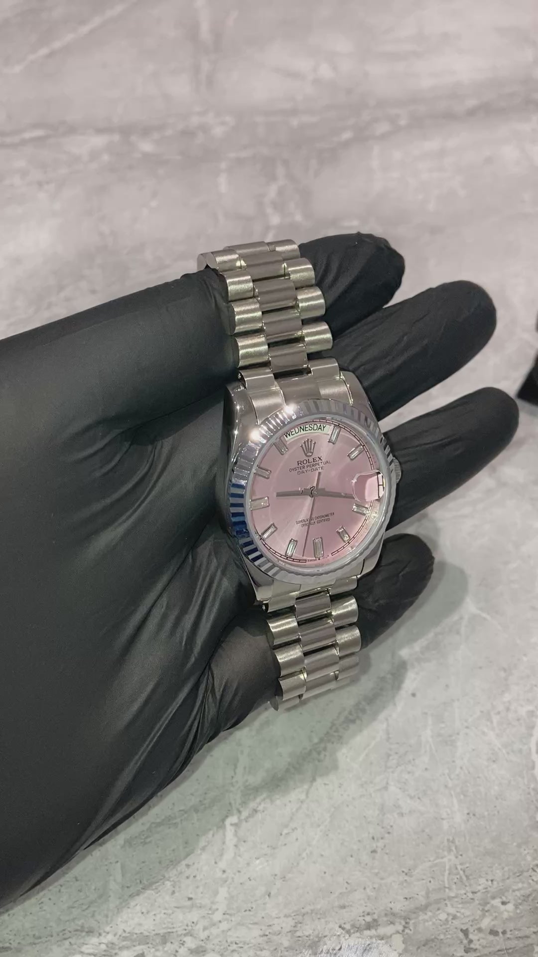 Rolex Day-Date, Automatic, Pink Dial, Fluted Bezel, Steel Case (36mm)