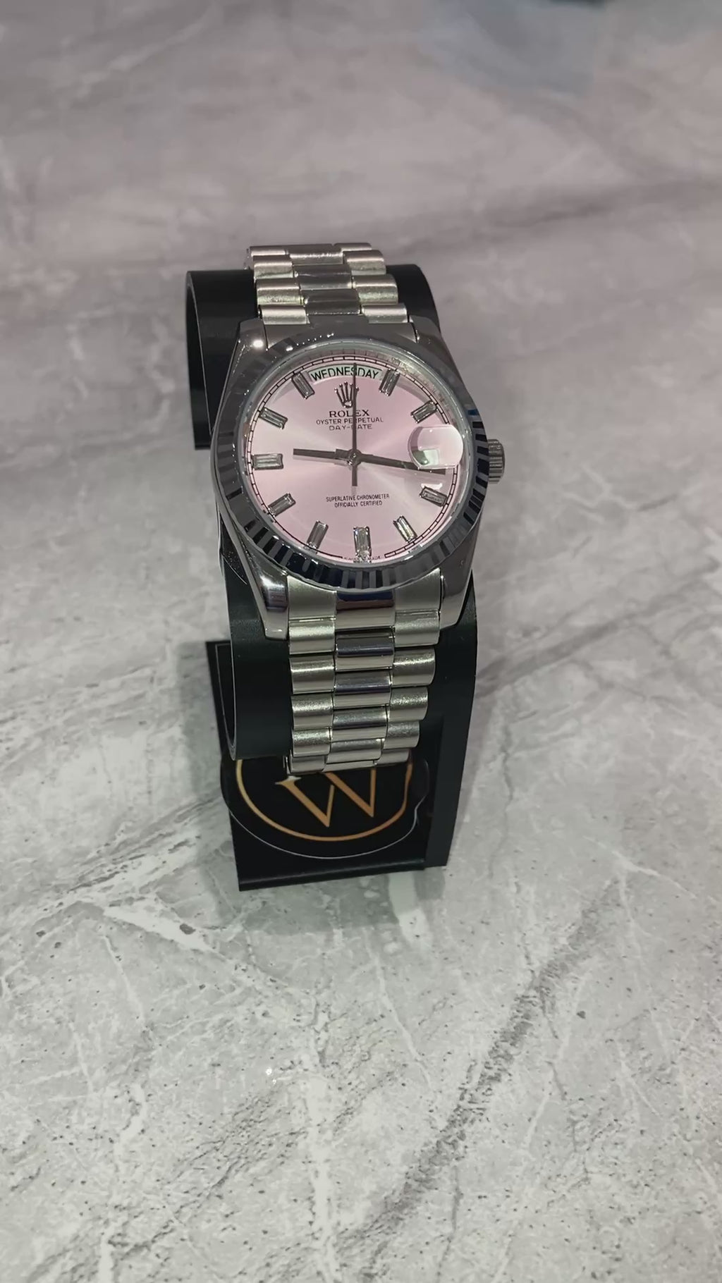 Rolex Day-Date, Automatic, Pink Dial, Fluted Bezel, Steel Case (36mm)