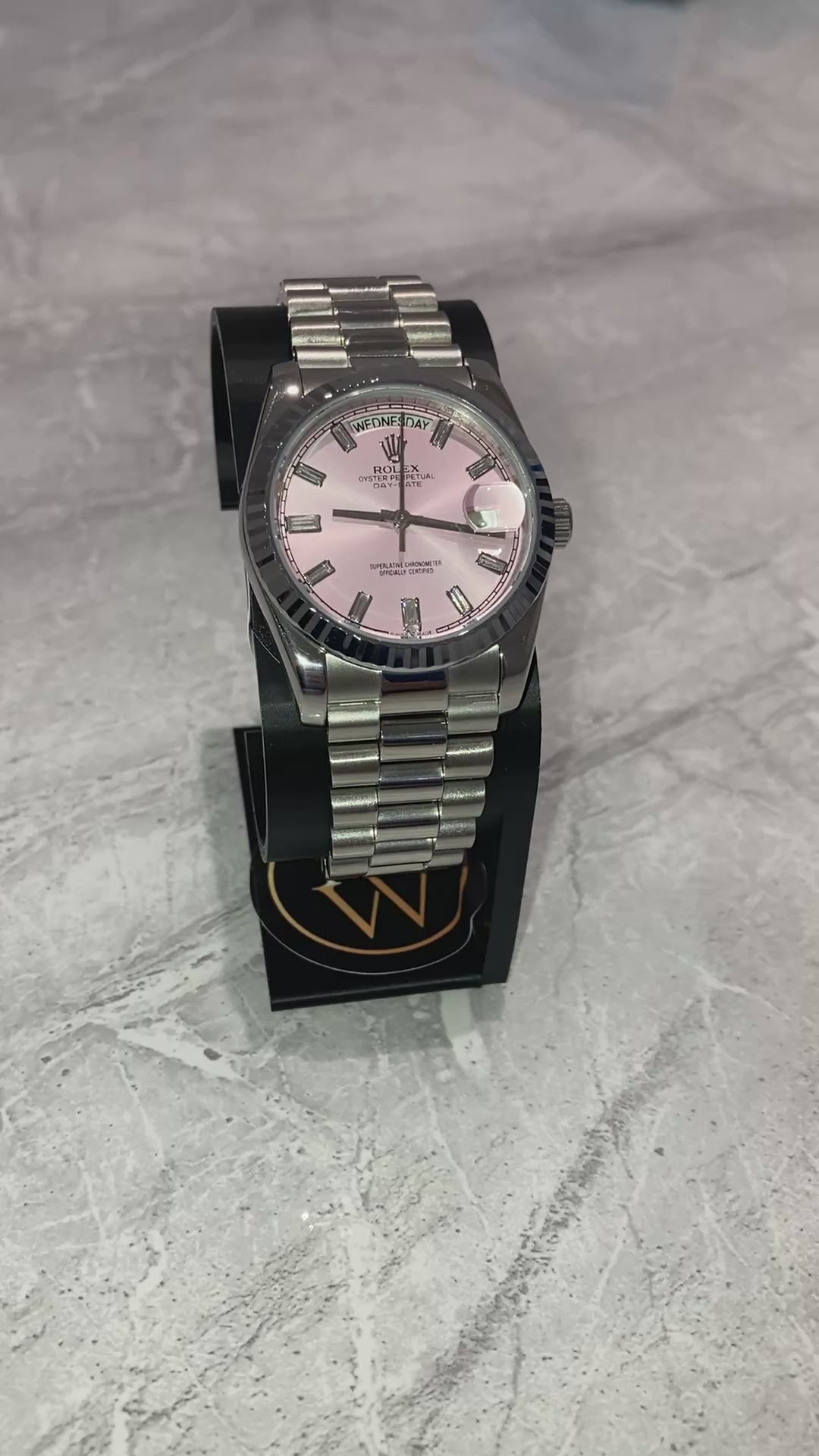 Rolex Day-Date, Automatic, Pink Dial, Fluted Bezel, Steel Case (36mm)
