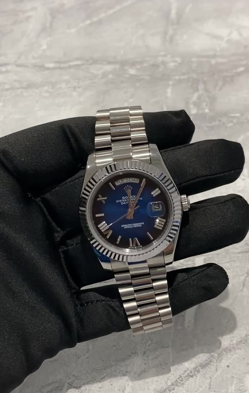 Rolex Day-Date, Automatic, Blue Ombré Dial, Fluted Bezel, Steel Case (40mm)