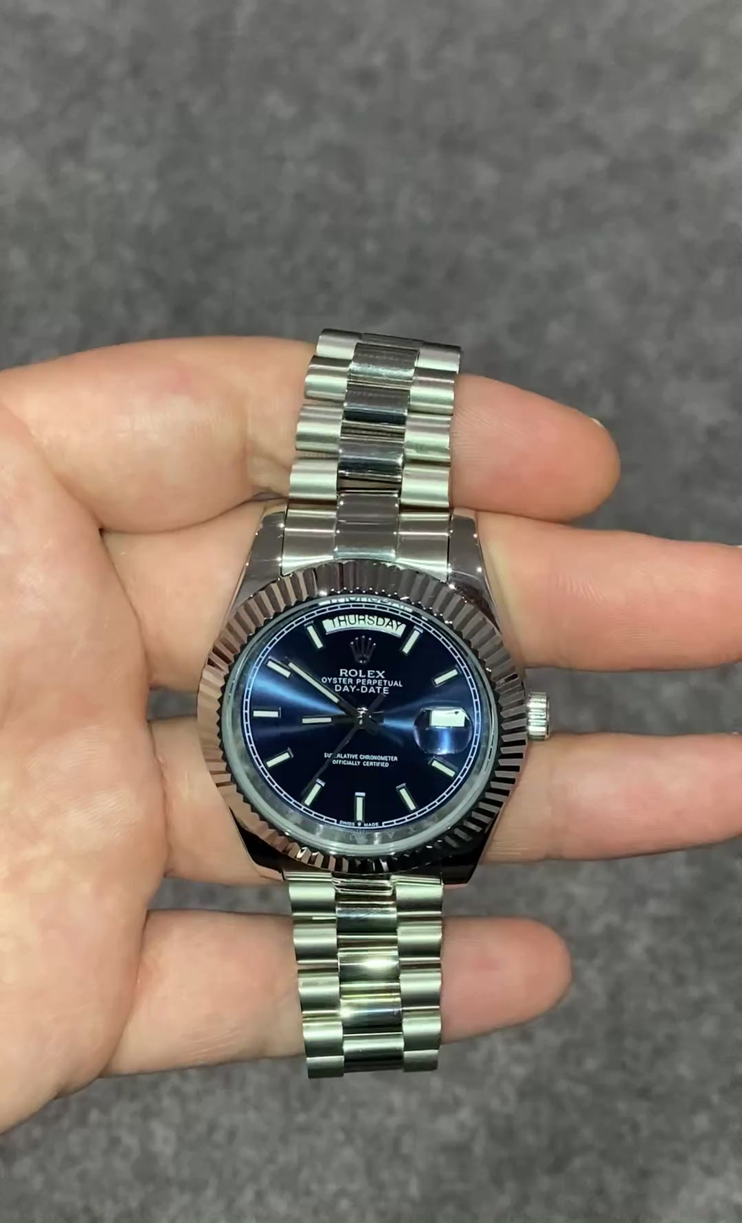 Rolex Day-Date, Automatic, Blue Dial, Fluted Bezel, Steel Case (40mm)